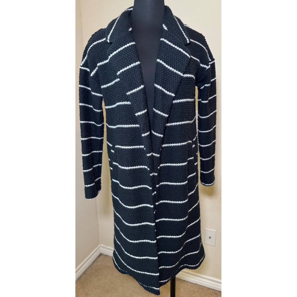 Marine Layer Birdseye Coat Open‎ Front Cardigan Black White Stripes Size Small